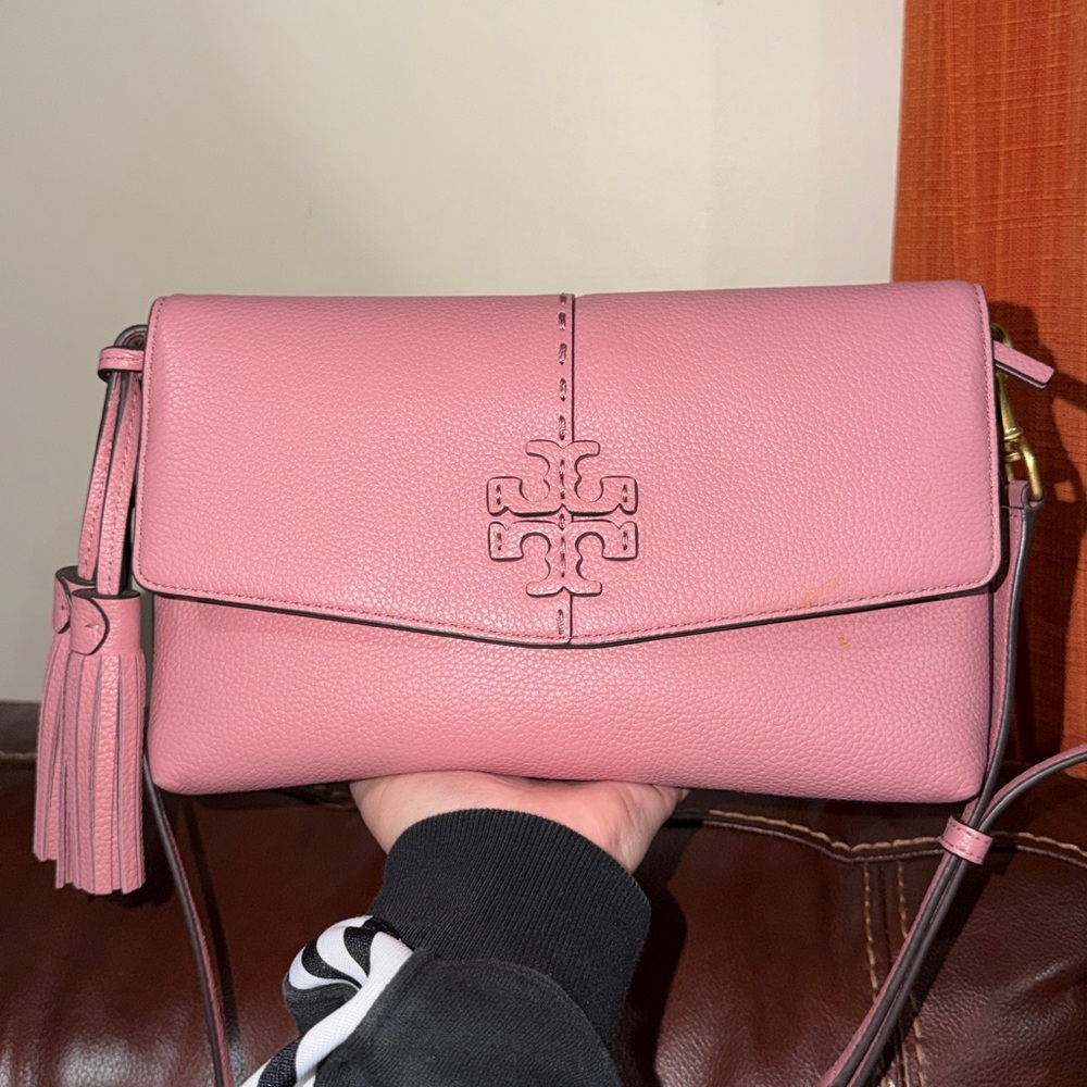 🔥🔥🔥Tory Burch Pink Leather McGraw Crossbody Bag With Tassel